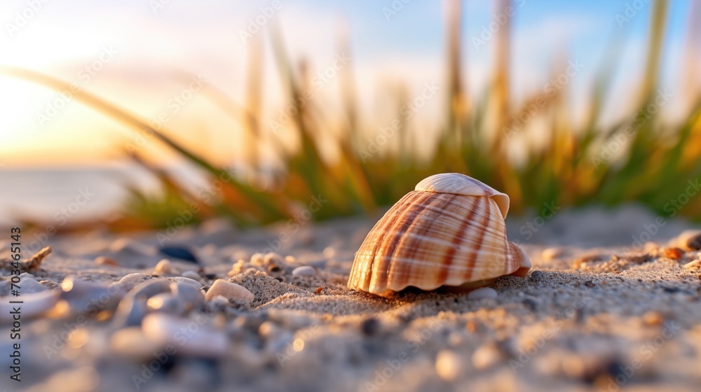 A close-up of a seashell on the sand on the beach in the back-light of sunset, background, generative ai - obrazy, fototapety, plakaty 