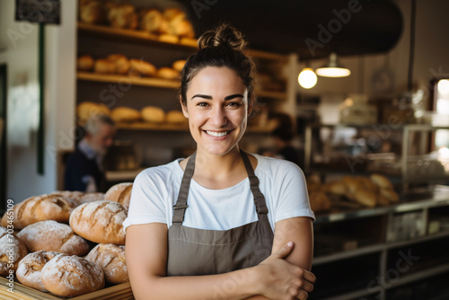 A proud female baker in her bakery, bakery business owner photo