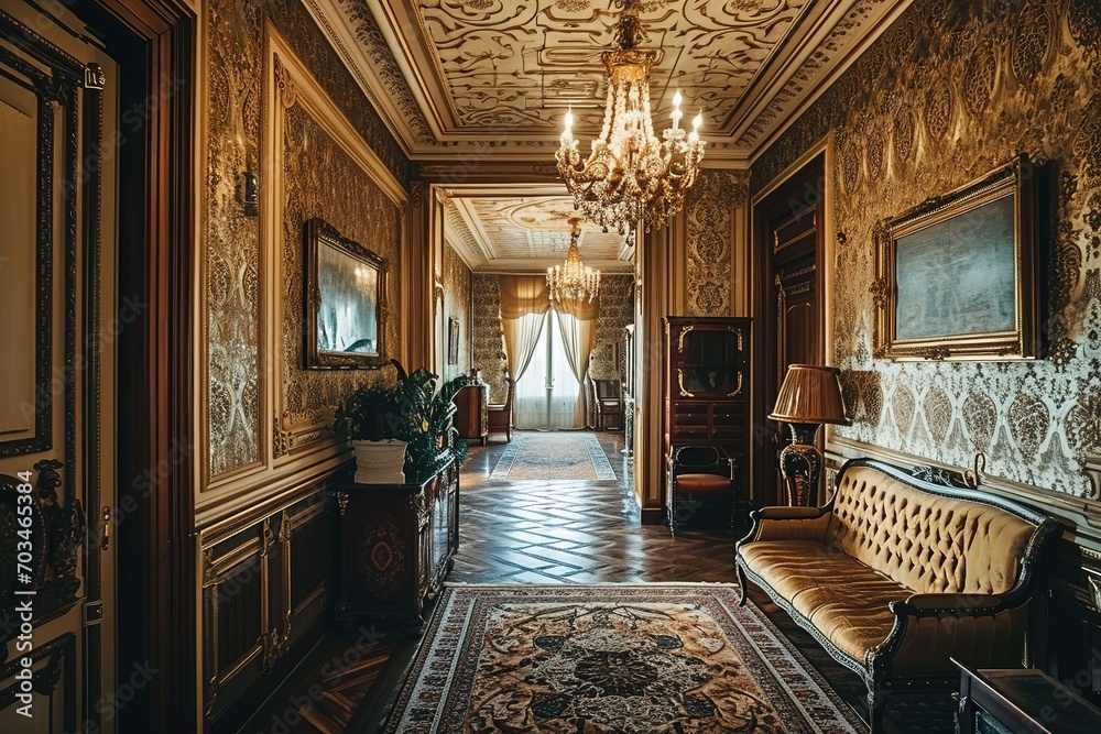 hall of a luxury home. corridor between rooms in an antique mansion with vintage wallpaper and patterned stucco on the walls. baroque interior