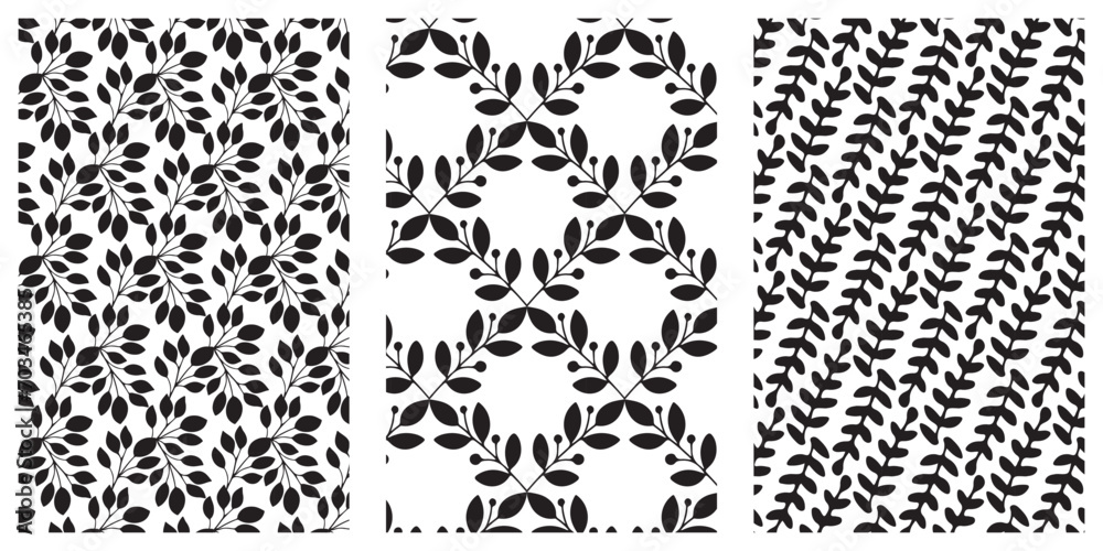  Floral seamless pattern set. Black doodle branches and berries on white background. Vector illustration.