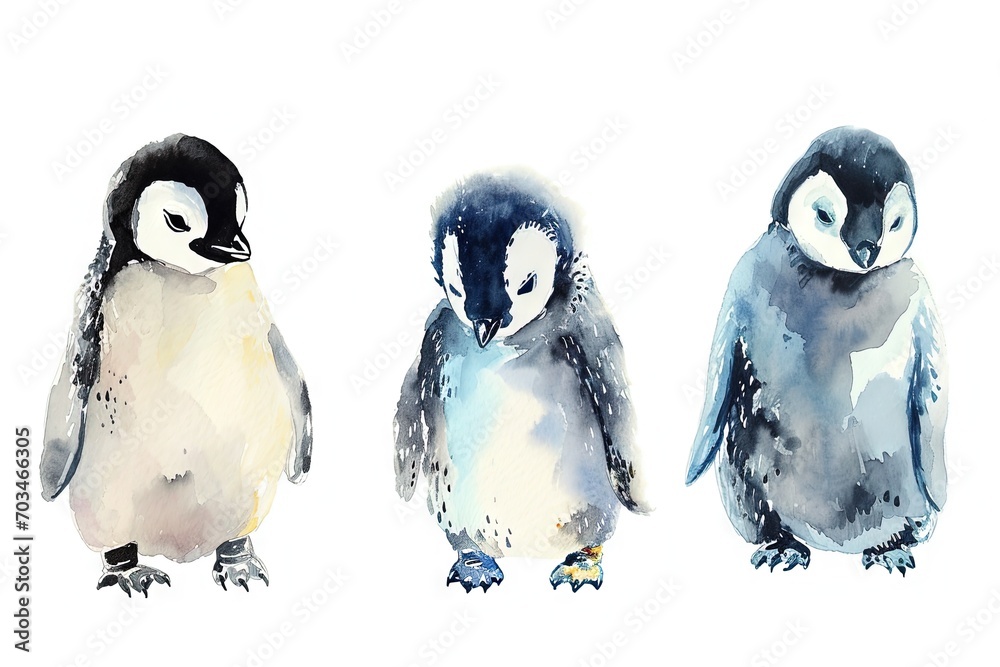 Fototapeta premium Simple watercolor sketch minimalist flat style of cute cartoon baby penguins, a print for nursery room, duotone with pastel colors and a white background