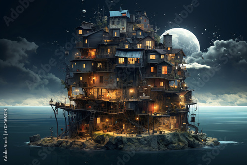 A whimsical multistory fantasy building on a little island in the ocean at night  photo