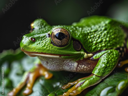 Detailed shot of a green tree frog perched on a leaf.