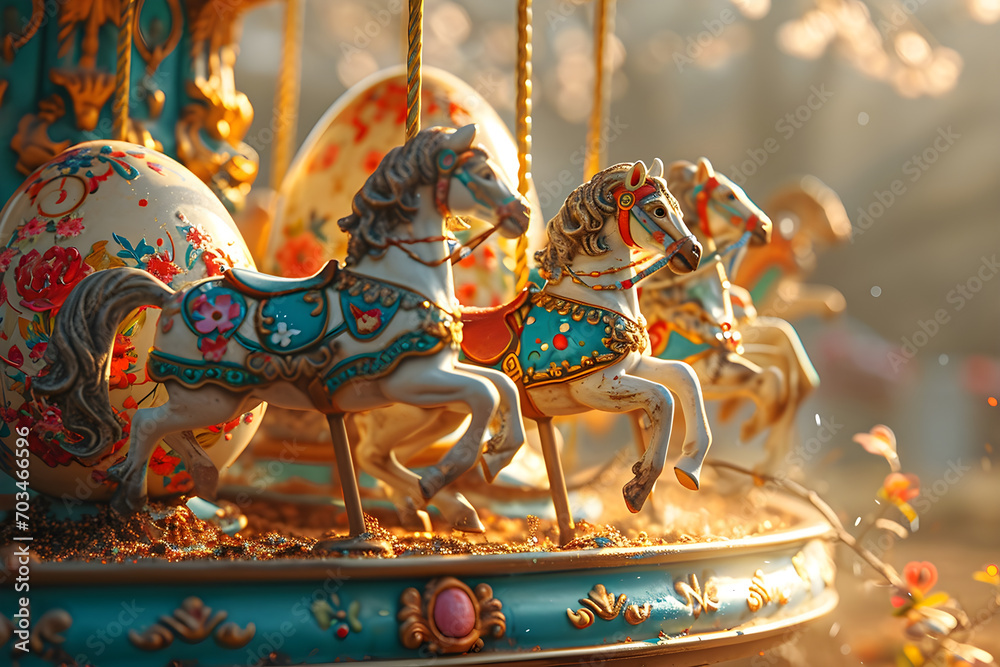 A colorful carousel with beautifully decorated horses spinning in circles
