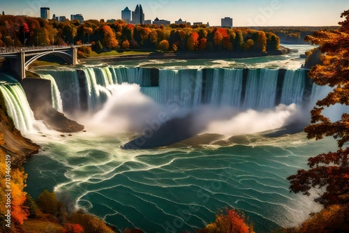 falls sunset,Overlooking the Niagara Falls Horseshoe Falls in a sunny day in autumn foliage season. Niagara Falls City