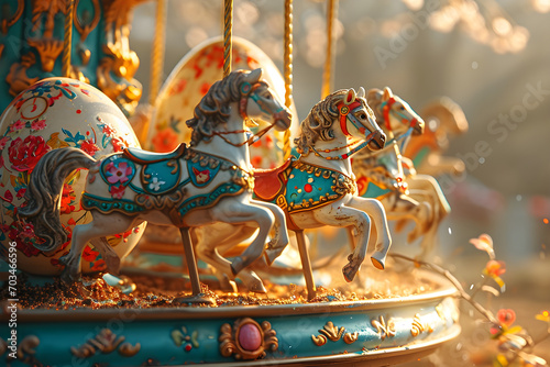 A colorful carousel with beautifully decorated horses spinning in circles  © Microtech