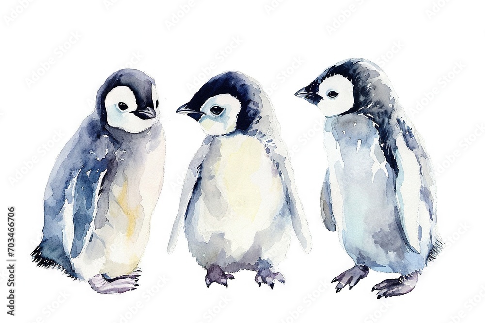Fototapeta premium Simple watercolor sketch minimalist flat style of cute cartoon baby penguins, a print for nursery room, duotone with pastel colors and a white background