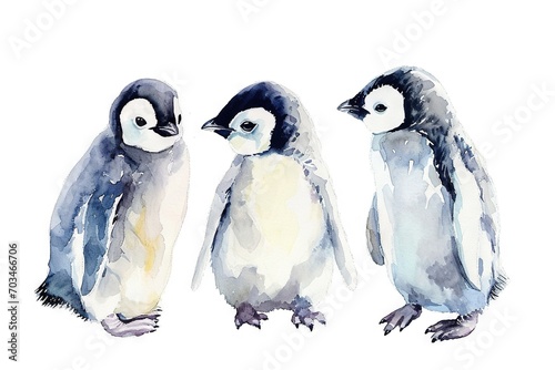 Simple watercolor sketch minimalist flat style of cute cartoon baby penguins, a print for nursery room, duotone with pastel colors and a white background