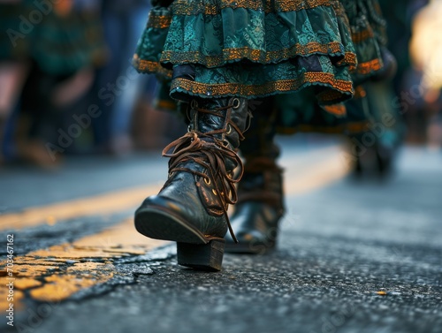 Tight shot of a traditional Irish dancer's feet as they perform a lively jig during the St. Patrick's Day parade.