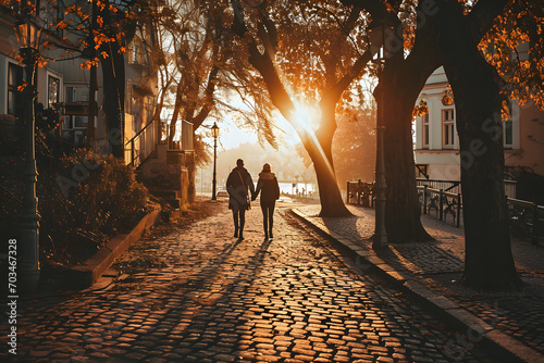 A couple taking a romantic stroll at sunset, with warm tones and a dreamy atmosphere