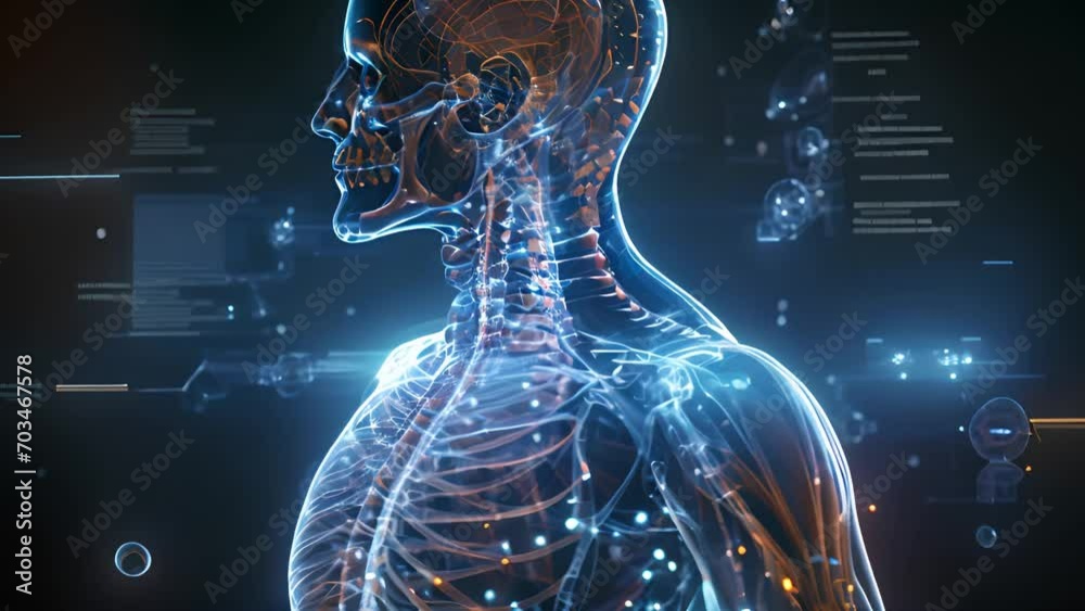 X-Ray Skeleton Human body face,hands, legs, chests, heads, vertebra, Bones adult people roentgen front back side view. 3D realistic flat blue color illustration of medical anatomy isolated on black an