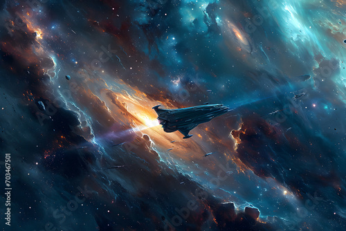 visuals of spaceships traveling between galaxies with stunning cosmic backdrops