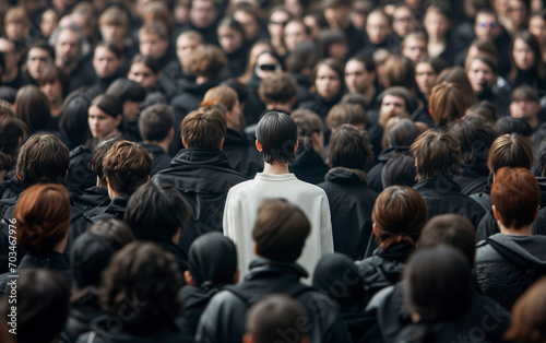 A person dressed in white stands out in a crowd of people dressed in black. Concept of distinction and breaking the mold