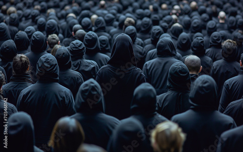 A mass of people dressed in black, indistinguishable, seen from behind. Concept of homologation and unique thought photo