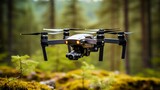 Drone capturing stunning aerial footage of lush forest with mesmerizing bokeh background