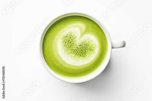 Matcha latte in a glass cup, white background