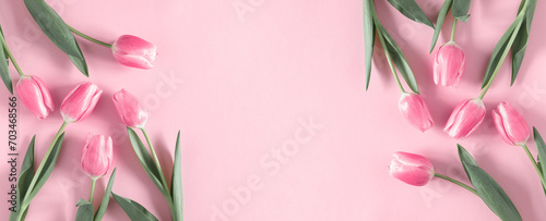 Flowers pink composition. Flowers pink tulips on pastel pink background. Wedding. Birthday. Happy womens day. Mothers Day. Valentine's Day. Flat lay, top view, copy space photo