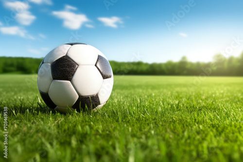 Close up  eye level view of a soccer ball in a grassy field
