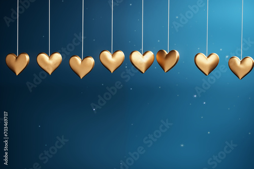 Festive christmas xmas advent valentine celebration concept greeting card - Golden hanging hearts on string on blue background