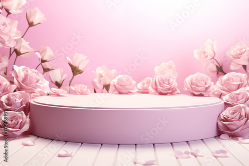 Podium background flower rose product pink 3d spring table beauty stand display nature white. Garden rose floral summer background podium cosmetic valentine easter field scene gift purple