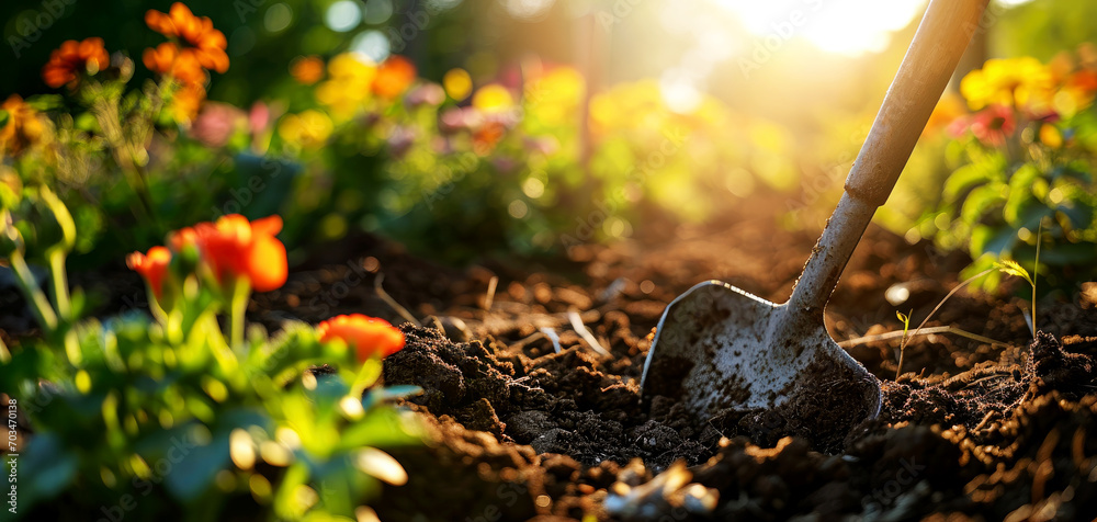 preparing soil for planting garden plants. closeup of spade in flower bed on sunny summer evening. gardening and horticulture background. banner with copy space - obrazy, fototapety, plakaty 
