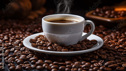 Mug on plate filled with coffee surrounded by coffee beans  cup of coffee  coffee bean background.