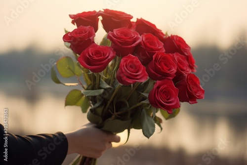 The bouquet of red rose hold in hand