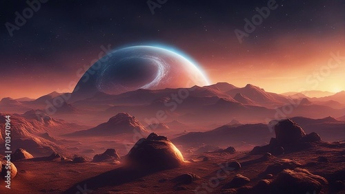 sunrise over the desert 15 near black hole, Alien planet landscape for space game background. 