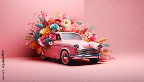pink retro car with flowers photo
