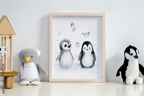 Picture frame with a simple watercolor sketch minimalist flat style of cute cartoon baby animals  a print  decoration inspiration for nursery room  duotone with pastel colors and a white background