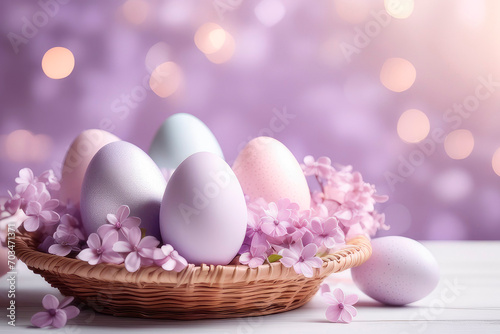 Celebrating Easter, holiday greeting card mockup with light bokeh, flowers and colored eggs.