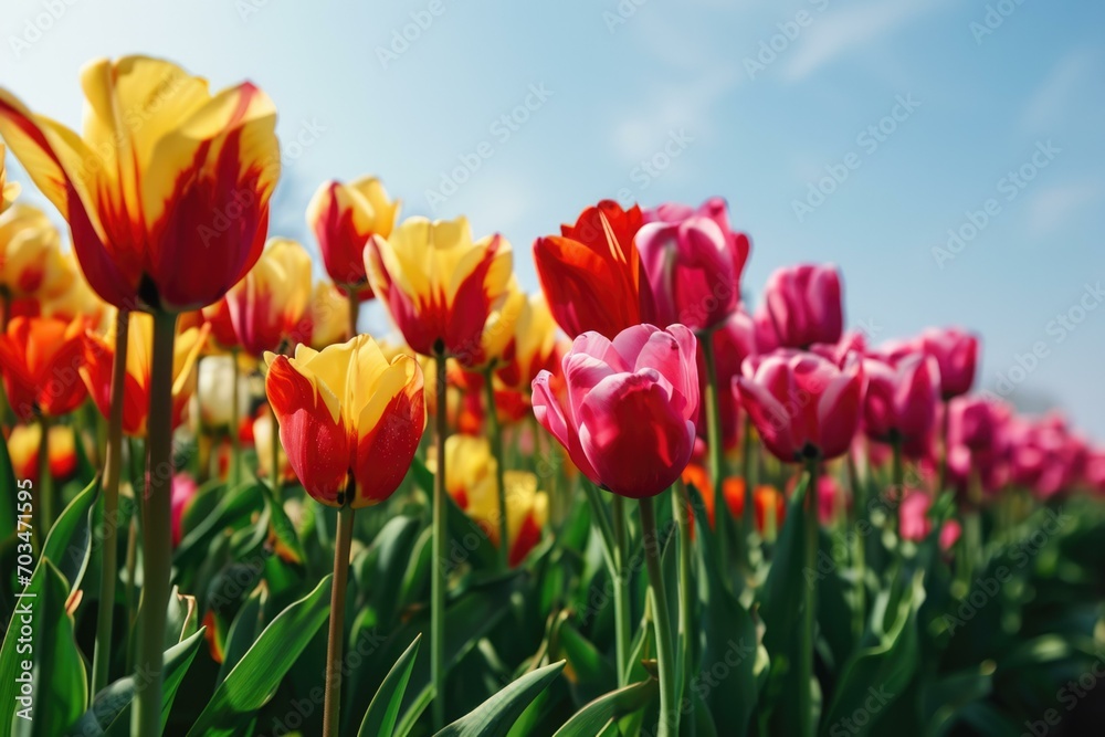 Vibrant Tulip Field in Springtime, Nature Background