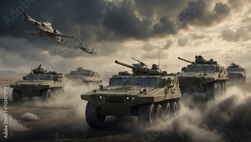 a group of military vehicles flying through a cloudy sky