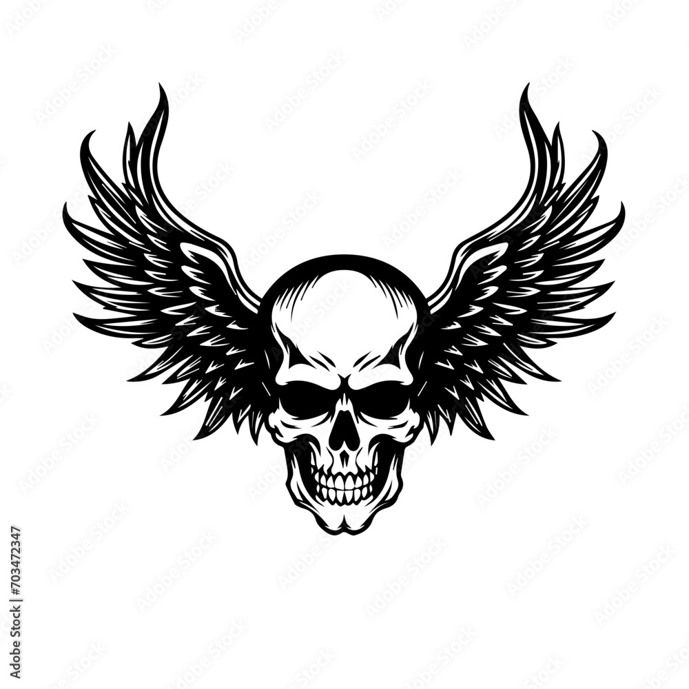 Gothic Skull with Wings Vector Emblem