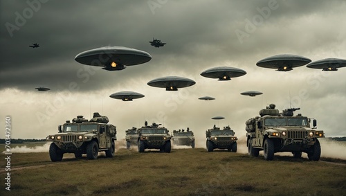 a group of military vehicles flying through a cloudy sky photo