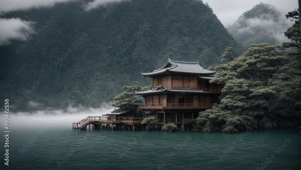 Japanese style bamboo house in the middle of the sea surrounded by mountains. Abstract, calm, misty, mysterious, relaxing, winter, Japanese, luxurious, modern design. local style design ideas