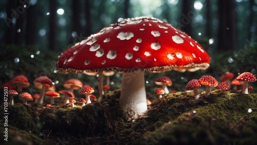 Red mushrooms in the forest with bokeh lights. 3D illustration of an abstract background with bokeh lights and mushrooms.