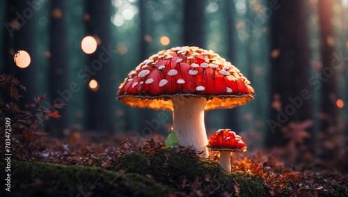 Red mushrooms in the forest with bokeh lights. 3D illustration of an abstract background with bokeh lights and mushrooms.