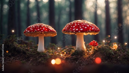 Red mushrooms in the forest with bokeh lights. 3D illustration of an abstract background with bokeh lights and mushrooms.