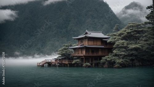 Japanese style bamboo house in the middle of the sea surrounded by mountains. Abstract, calm, misty, mysterious, relaxing, winter, Japanese, luxurious, modern design. local style design ideas © Joesunt