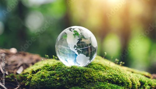 Green Governance  Crystal Globe Rests on Moss in Support of ESG Initiatives