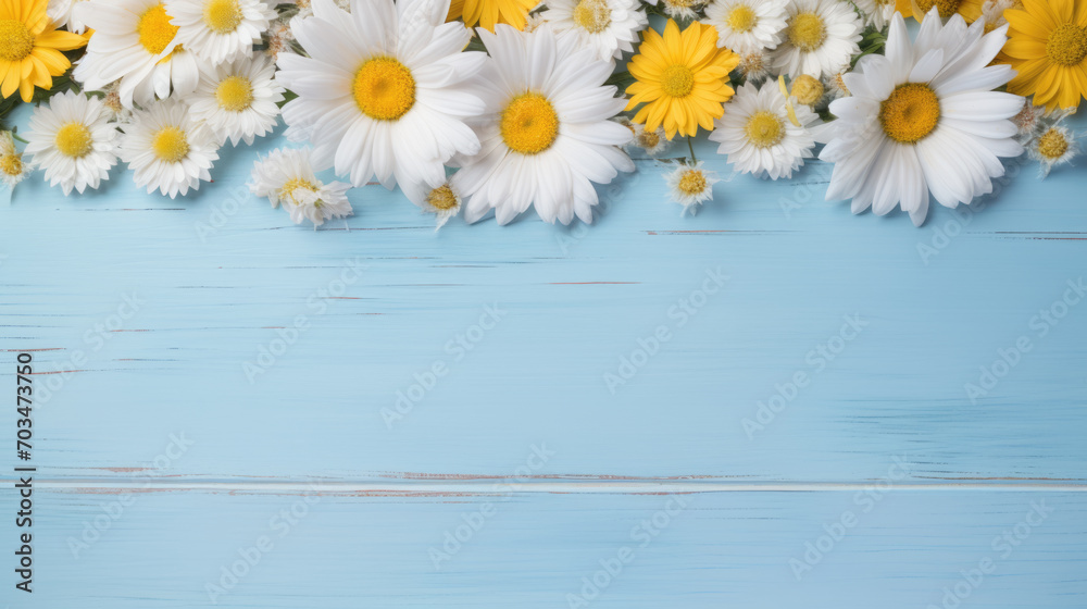 Obraz premium Floral arrangement of white daisies and yellow flowers scattered on a vibrant blue wooden background