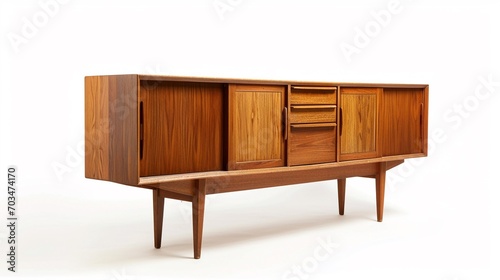 a vintage 60s mid century sideboard cupboard made out of teak wood in denmark standing isolated on white background. © BackgroundHolic