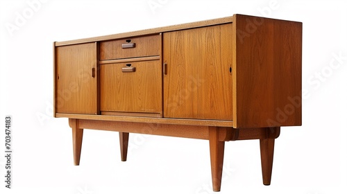 a vintage 60s mid century sideboard cupboard made out of teak wood in denmark standing isolated on white background.