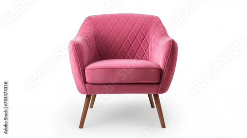  an Isolated pink salmon red modern mid century lounge armchair isolated on white background.