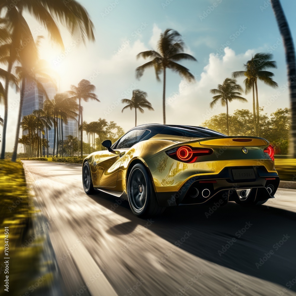 Sports car driving fast through Miami, palm trees, speed
