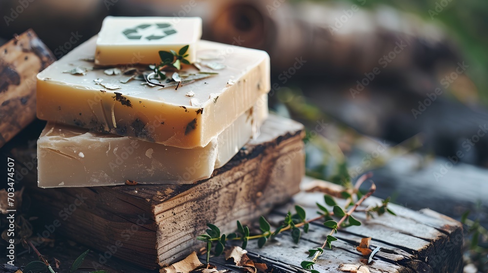 A bar of ecofriendly soap with the recycling symbol, representing