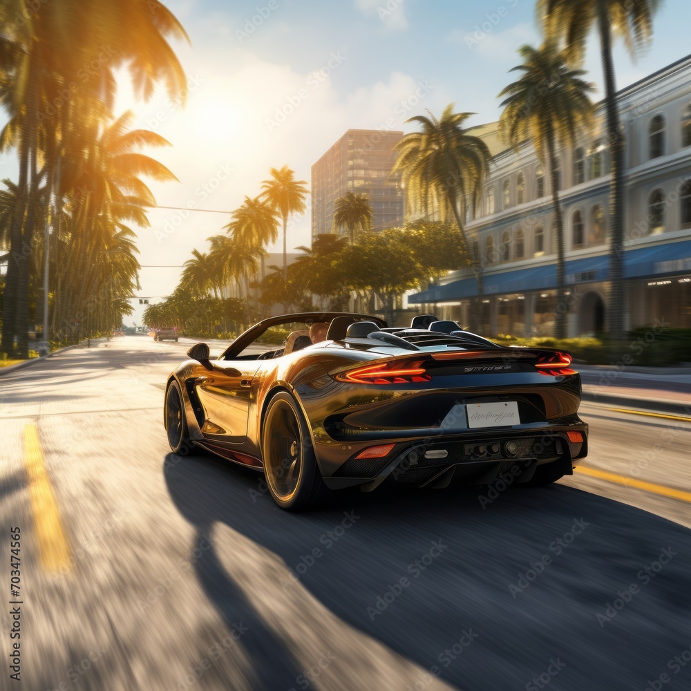 Sports car driving fast through Miami, palm trees, speed
