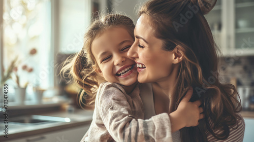 Happy family having fun time at home, smiling mom hugging and having fun with her little girl on blurred modern home background with copy space. photo