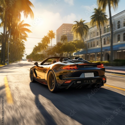 Sports car driving fast through Miami, palm trees, speed  © Stefan95